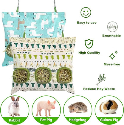 Lesnala 2pcs Bunny hay Feeder Hanging Guinea Pig Food Bag Large Capacity Cotton Canvas Fabric for Rabbits Chinchillas Hamsters and Other Small Pets 3 Holes 2 Styles