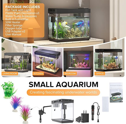 Fish Tank 2.4 Gallon Aquarium with Heater, 3-in-1 Silent Pump with Filteration & Oxygenation & Circulation, 7-Color Timer Cycle Light, Temperature Display, Humidifier, HD Glass Fish Bowl