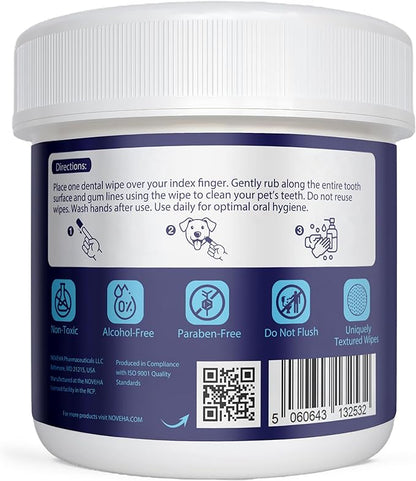 NOVEHA 100PCs Pets Dental Finger Wipes for Dogs & Cats | Freshens Breath, Reduces Plaque | Healthier Gums | Clean Teeth No Toothbrush | Vet Recommended Effective Natural Oral Care | Mint Flavor