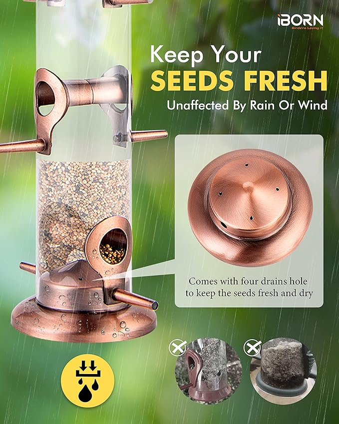 iBorn Metal Bird Feeders Brushed Copper Wild Bird Feeder for Outdoors Hanging All Metal Brushed Copper Finishing 14 Inch 6 Port,Pack of 2