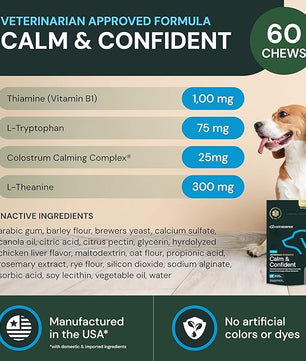VETRISCIENCE Veterinary Strength Calm & Confident Chews - Stress Supplement for Pets - Supports Brain Function for Cats & Dogs - with L-Theanine, Thiamine & More - 60 Count