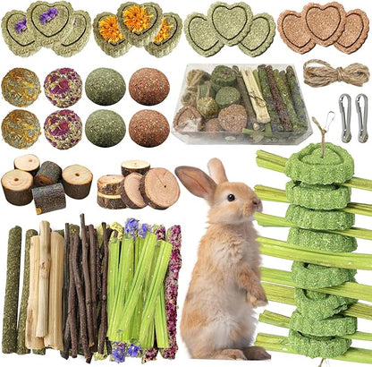 68pcs DIY Rabbit Chew Toys,Rabbit Toy for Bunnies Boredom Bunny Toys for Teeth, Timothy Stick, Apple Sticks, Sweet Bamboo, for Guinea Pig, Hamster, Chinchilla, Rat, Small Animals