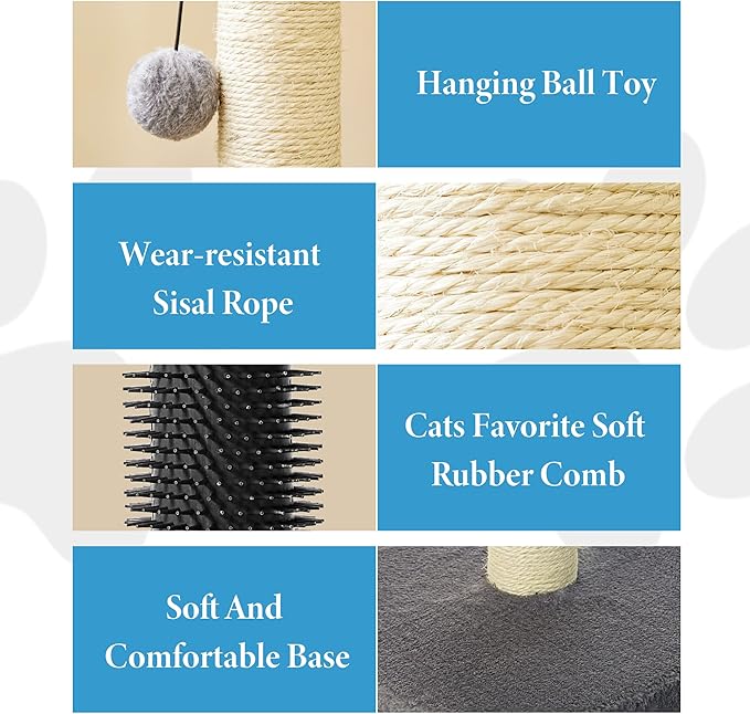 MeowHomm 32" Cat Scratching Post with Self Groomer Cat Brush, Sisal Rope Tall Cat Scratching Post with Soft Hanging Ball for Indoor Cats, Cat Claw Scratcher Covered with Soft Smooth Plush