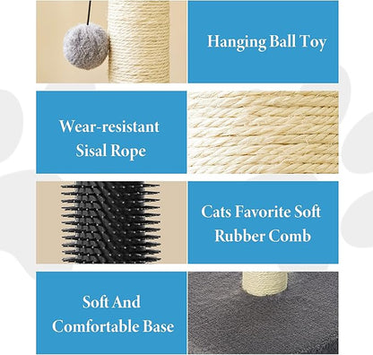 MeowHomm 32" Cat Scratching Post with Self Groomer Cat Brush, Sisal Rope Tall Cat Scratching Post with Soft Hanging Ball for Indoor Cats, Cat Claw Scratcher Covered with Soft Smooth Plush