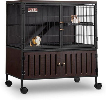 HABUTWAY 36.5''H Metal Large Ferret Cage, Rolling Chinchilla Cage with Removable Ramps& Double Door, Critter Nation Cage with Locker, Indoor Wooden Pet Crate Furniture