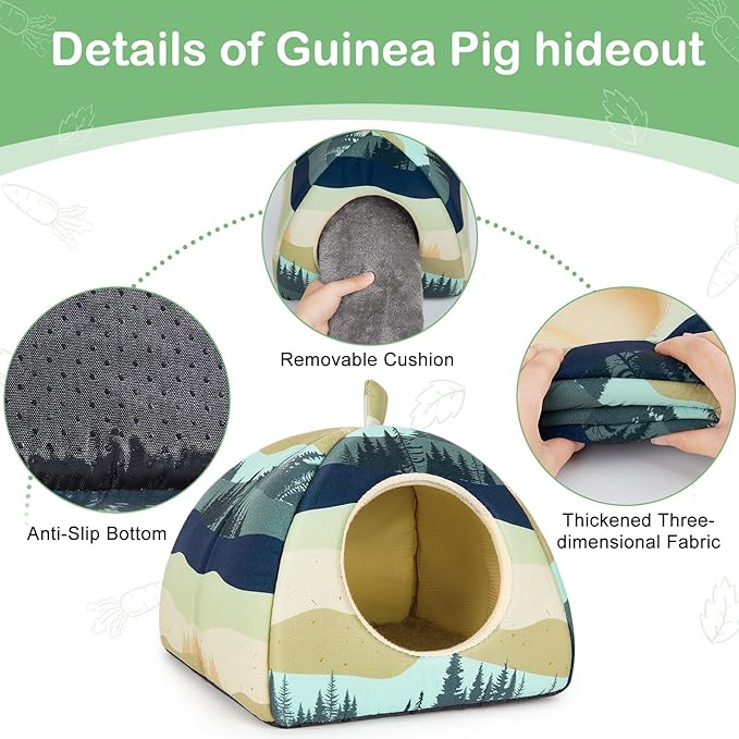Bienbee Guinea Pig Hideout, Washable Rabbit Bed with Guinea Pig Tunnel, 2 Pack Guinea Pigs Toys Set Bunny Hideout Cage Accessories for Hamster Ferret Rabbits Bunny,Blue-Green Moutains