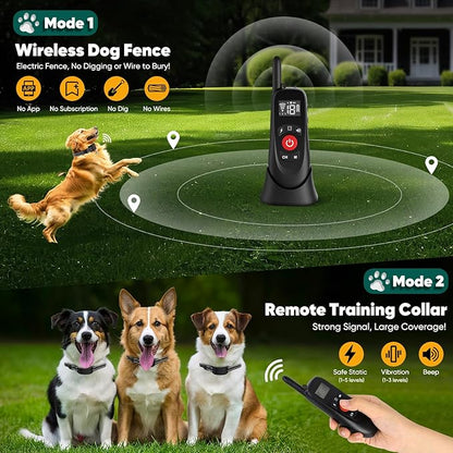 Wireless Dog Fence, Portable Electric Fence for Dogs with Remote Training Collar, Magnetic Charging Base, Outdoor Pet Containmen System for Yards, Adjustable for Medium Large Dogs