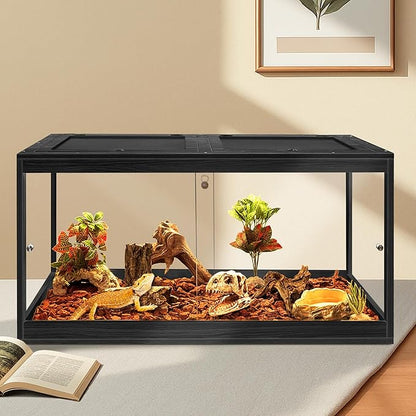 PROLEE Bearded Dragon Tank,34 Gallon Reptile Tank with Meatl Mesh Roof and Front Sliding Door, Anti-Scratch Lizard Tank,Spacious Reptile Enclosure for Snakes,Lguanas, Chameleons (Black)