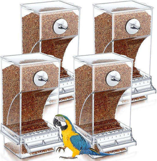 Yaomiao 4 Pcs No Mess Bird Feeders Automatic Parrot Water Dispenser Clear Quail Feeder and Watered Cage Accessories for Small and Medium Parrot Cockatiel Canary(Seed Feeder,Transparent)