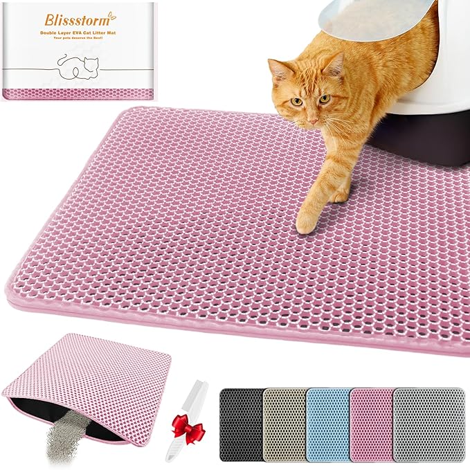 Waterproof Cat Litter Mat, Double Layer EVA, Odor-Free Large Grid, Urine Proof, Easy Cleanup (Pink, 16 x 20)