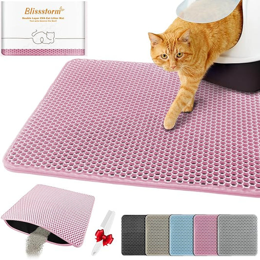 Waterproof Cat Litter Mat, Double Layer EVA, Odor-Free Large Grid, Urine Proof, Easy Cleanup (Pink, 16 x 20)