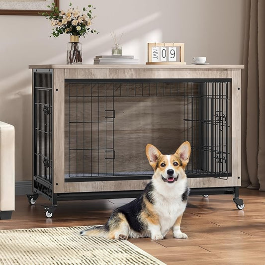 YITAHOME Dog Kennel Furniture with Wheels, Wooden Dog Crate Furniture with Cushion, 38" Dog Crate End Table with Tray for Small/Medium Dog (Gray)