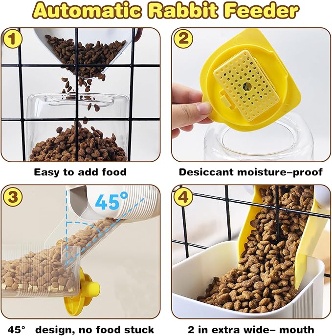 kathson Automatic Rabbit Feeder and Waterer Set, Gravity Pet Food Water Dispenser Bunny Pellet Feeder Small Animal Feeding & Watering Supplies for Guinea Pig Ferret Crate Accessories (Yellow)