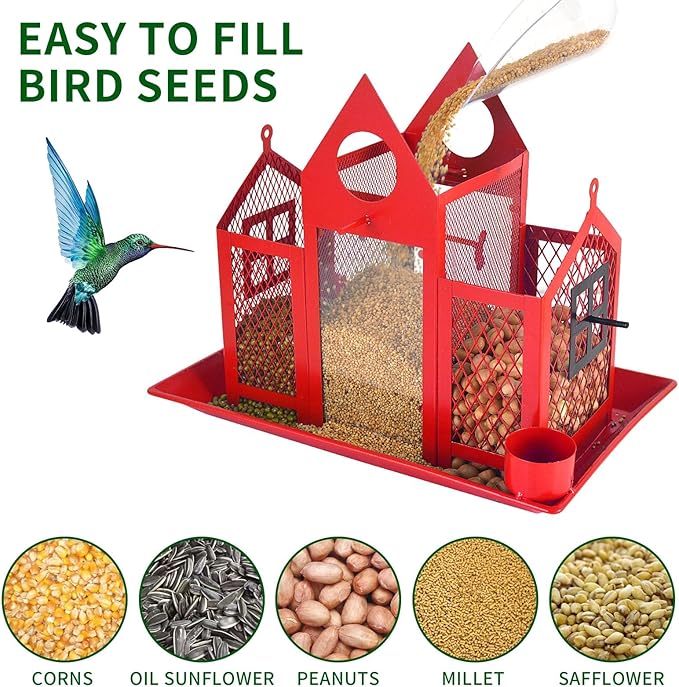 Solar Bird Feeders House for Outside Hanging, Metal Wild Bird Feeder for Outdoors, Large Cardinal Bird Feeder Birdhouses Squirrel Proof (Red)