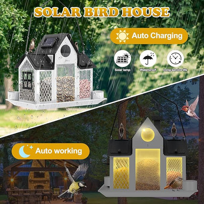 Solar Bird Feeders House Outside Hanging Metal Wild Bird Feeder Outdoors Large Cardinal Bird Feeder Birdhouses Squirrel Proof White