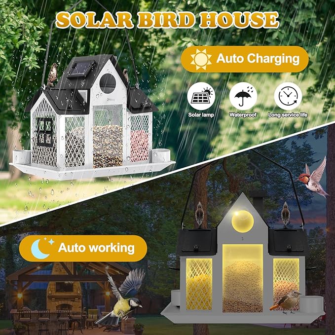 Solar Bird Feeders House for Outside Hanging, Metal Wild Bird Feeder for Outdoors Large Capacity Cardinal Birdfeeder Birdhouses Metal Bird Feeding Station White
