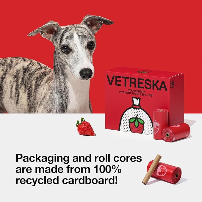 VETRESKA Strawberry Scented Dog Poop Bags, Leak Proof, Extra Thick and Large Pet Waste Bags for Dogs Walking and Cat Litter, 20 Refill Rolls, 300 Bags, Red