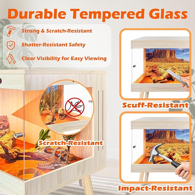 Royxen Bearded Dragon Tank with Metal Mesh Top and Leg Stand,Tempered Glass Reptile Tank,Reptile Enclosure,Lizard Tank for Chameleon,Snake,Lizard Habitat(24inch,Oak)