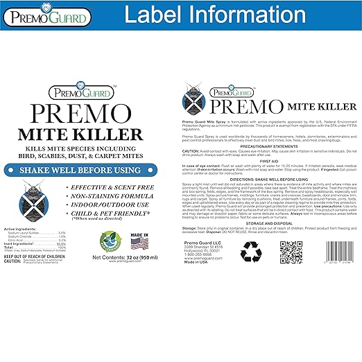 Premo Guard Mite Treatment Spray – 32 oz – Kills Dust, Human Itch, Spider, Carpet, Bird, Mouse & Rat Mites in Home, on Furniture, Bedding – Natural Non-Toxic 100% Effective – Child & Pet Safe