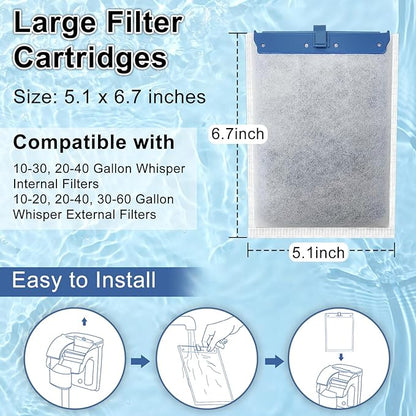6 Pack Filter Cartridge Compatible with Whisper Bio-Bag Filters, Large Aquarium Filter Cartridges Compatible Replacement with Whisper Filters 20i,40i/IQ20,30,45,60/PF20,30,40,60 and ReptoFilter