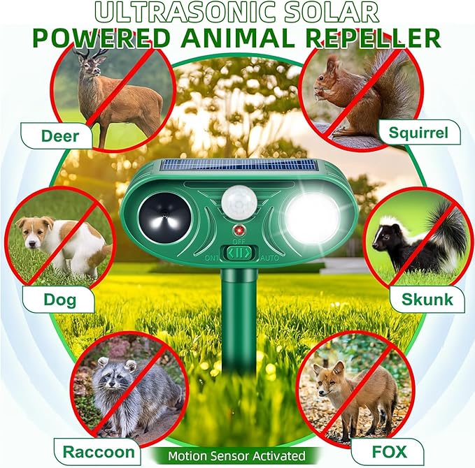 Solar Ultrasonic Animal Repellent Outdoor, Waterproof Cat Deterrent Outdoor and Solar Animal Repeller Deer Repellent Device Rabbits,Raccoons and Birds from Gardens, Farms