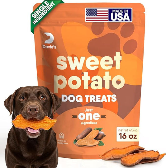 Davie's Sweet Potato Dog Treats - Healthy, Natural Dog Chews, Low Fat, 1 lb. Bag