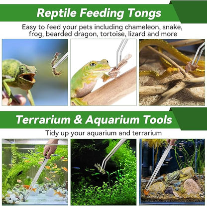 Long Aquarium Tweezers 15 inch - 4 Pcs Stainless Steel Crafts Tweezer Curved & Straight Design with No Slip Tips, Reptile Feeding Tongs, Terrarium Aquascape Tools Snake Bearded Dragon Tank Accessories