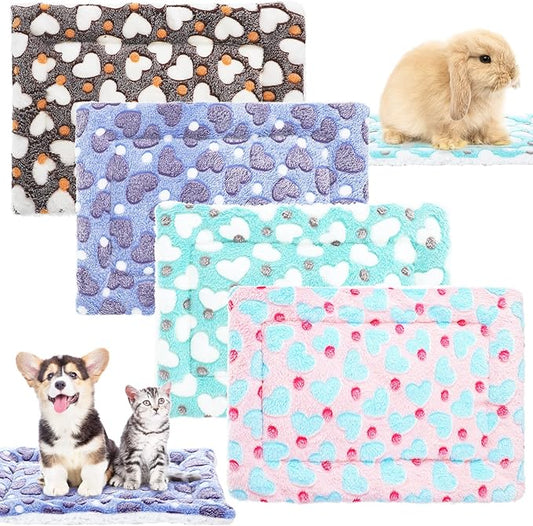 4-Piece Rabbit Bunny Bed - 13 x 19 Inch Guinea Pig Bed Mats - Plush Bunny Pad Mats for Small Animals, Dogs, Cats, Hamsters - Heart Pattern