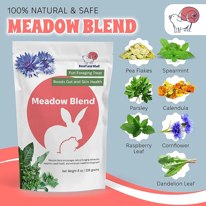 Snout and Shell 8 oz Meadow Blend – Natural Foraging Treat for Rabbits, Guinea Pigs & Chinchillas – High-Fiber Supplement