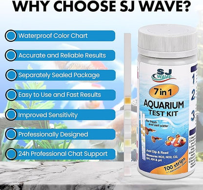 7 in 1 - Aquarium Test Strips | 100 Fast & Accurate Strips | Fish Tank Aquariums Water Test Kit & ebook | Aquarium Thermometer | Fish Tank Water Testing Kit for Fresh & Saltwater | Versatile Usage