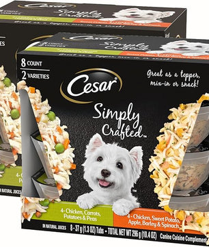 Cesar Simply Crafted Adult Wet Dog Food Meal Topper, Chicken, Carrots, Potatoes & Peas and Chicken, Sweet Potato, Apple, Barley & Spinach Variety Pack (8 Count, Pack of 2)
