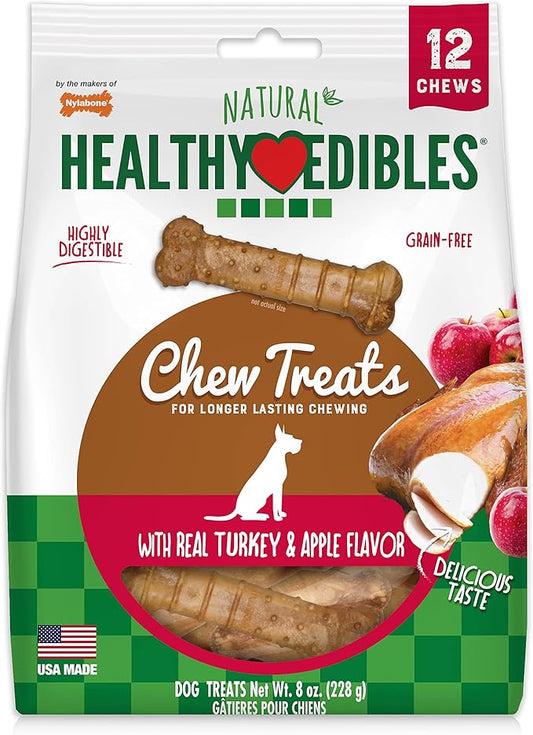Nylabone Healthy Edibles Natural Dog Chews Long Lasting Chew Treats for Dogs, Turkey & Apple Flavor, X-Small/Petite (12 Count)