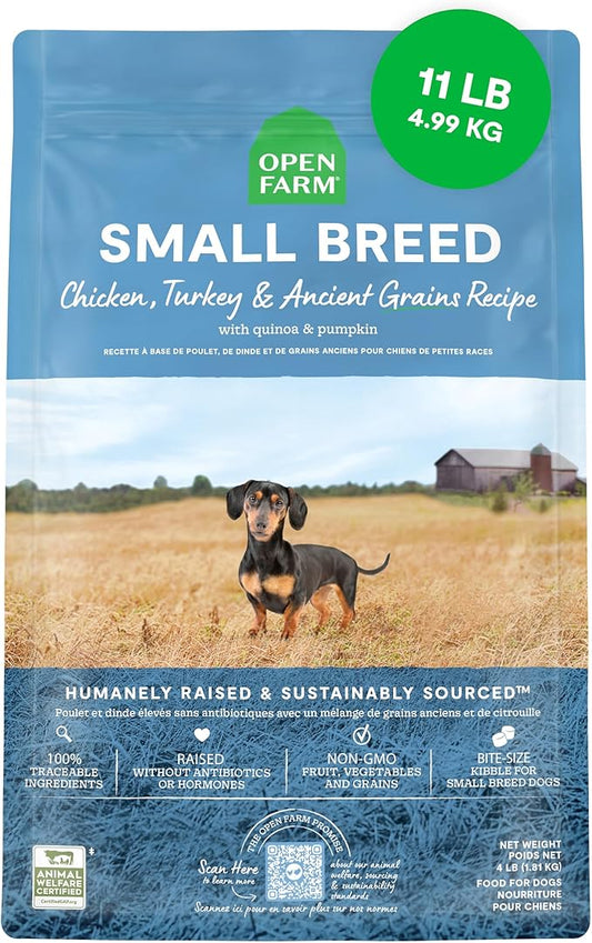 Open Farm, Ancient Grains Dry Dog Food For Small Breeds, Protein-Rich & Nutrient Dense, 90% Animal Protein With Non-GMO Fruits, Veggies and Superfoods, Chicken & Turkey Recipe For Small Dogs, 11lb Bag