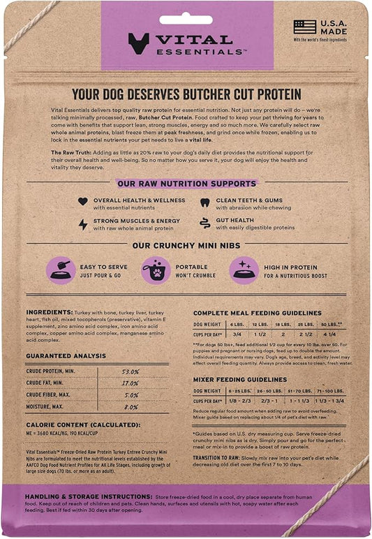 Vital Essentials Freeze-Dried Raw Turkey Meal or Mixer Dog Food Crunchy Mini Nibs, 14 oz