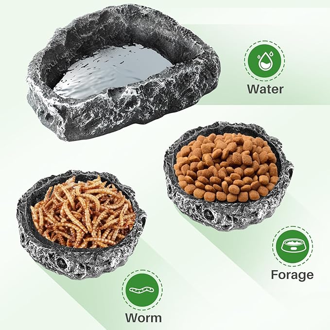 TRUVIC 2 Pack Reptile Feeding Dish Set, Reptile Water Dish Food Bowls for Bearded Dragon Tank Accessories, Resin Terrarium Bowls for Leopard Gecko, Lizard, Chameleon, Hermit Crab, Tortoise, Frog