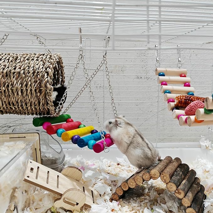 Hamiledyi Hamster Hanging Hammock Basket 3 Piece Wooden Rat Ladder Swing Set Cage Clmbing Toys for Syrian Hamster Sugar Glider Bird Mice Playing Sleeping