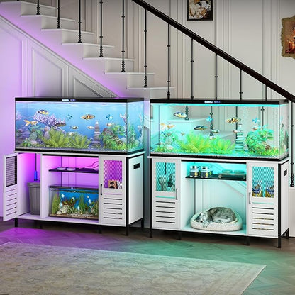 BREEZEHEAT 55-75 Gallon Fish Tank Stand with Power Outlets, LED Light, Adjustable Shelves, Heavy Duty Aquarium Stand with Cabinet, Terrarium stand Suitable for Turtle & Reptile Tank, 1250LBS, White