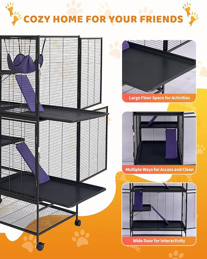 Garvee Small Animal Cage, 64 ''H Deluxe Ferret Cage - 4 Tier Large Chinchilla Cage with Removable Ramp, Hammock, Extra Storage Stand,Removable Tray for Ferret, Chinchilla, Guinea Pig,Hamster