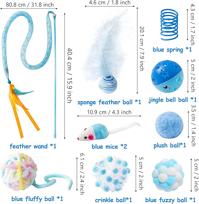 MALLMALL6 10Pcs Cat Toy Set Including Cat Springs Feather Teaser Wand Mice Crinkle Balls and Pet Bell Balls, Puzzle Interactive Pet Gift Pack Toys for Indoor Kitten (Blue)