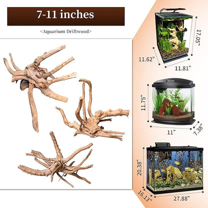 majoywoo Natural Driftwood for Aquarium Decor Fish Tank Decorations, Assorted Spider Wood Branch 7-11" 3 Pcs, Reptile Decor