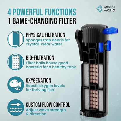 20 Gallon Fish Tank Filter up to 55 Gallons | Quiet Fish Tank Filter | Crystal Clear Water | Turtle Tank Filter | Submersible Aquarium Filter, Filter for Fish Tank, 50 Gallon Fish Tank Filter