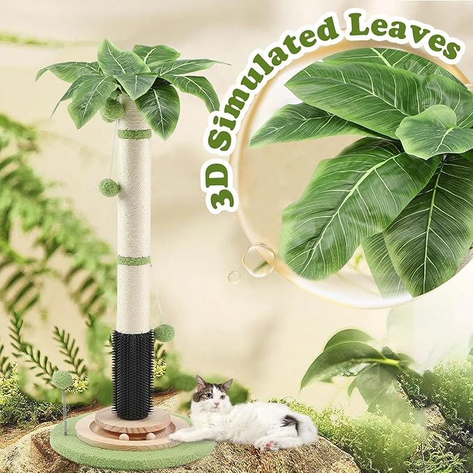 39.4'' Tall Cat Scratching Post,3.5 Inch Wide Sisal Rope Scratching Post for Indoor Adults Kittens,Cat Scratcher with Stable Solid Wood Base Interactive Ball Toys Self Groomer Brush for Large Cats