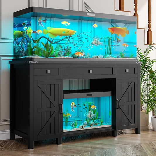 Farmhouse 55-75 Gallon Fish Tank Stand with Power Outlet, Aquarium Stand with 2 Drawers and Adjustable Shelves, Heavy Duty Reptile Tank Stand for 2 Fish Tank/Turtle Tank/Reptile Terrarium