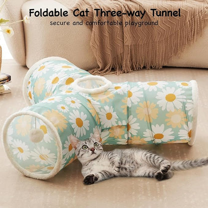 Tempcore Pet Cat Tunnel Tube Cat Toys 3 Way Collapsible, Cat Tunnels for Indoor Cats，Kitty Tunnel Bored Pet Toys Peek Hole Toy Ball Puppy, Kitty, Kitten, Rabbit Daisy Green Printed