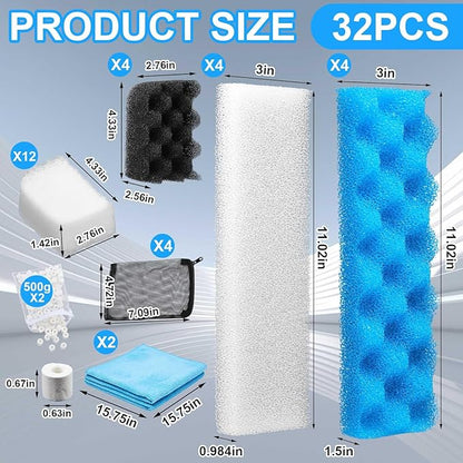 32 Pcs Compatible with Fluval 406/407 Filter Media Canister Filter Maintenance & Replacement Media Kit, Including Mesh Bags Quick Clear/Water Polishing Pads, Silicone Lubricant