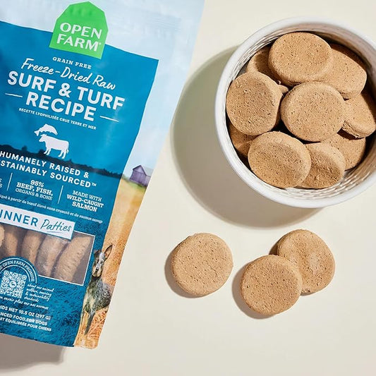 Open Farm, Freeze Dried Raw Dog Food, Patties with 95% Meat, Organs & Bone, Complete Meal or Freeze Dried Dog Food Mixer, Surf & Turf Recipe, 10.5oz Bag