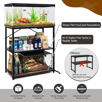TC-HOMENY Fish Tank Stand 10,20,29,37 Gallon, Aquarium Stand with adjustable shelf,1000LB Capacity ,31" L x 16" W Metal Reptile Tank Stand, Double Storage Design Adjustable Boards, Brown