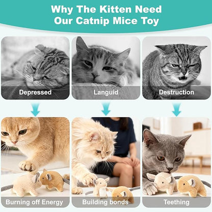 Plush Catnip Mice Toys with Crinkle Sound - 2 Pcs Interactive Cat Toys for Indoor Cats, Durable Stress Relief Eco-Friendly Small Mouse Chew Playthings（Camel+ Chestnut Color）