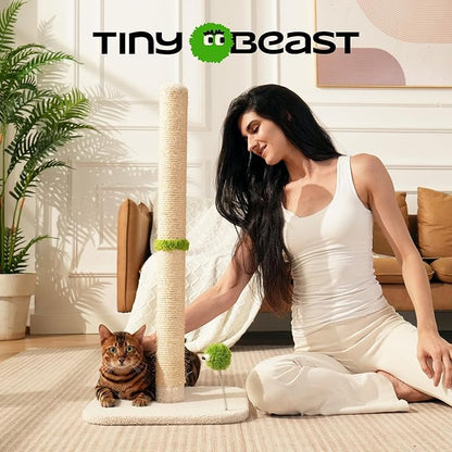 TINYBEAST 34" Tall Cat Scratching Post, Cat Scratcher Featuring Natural Sisal Rope, Cat Tree with Interactive Plush Toy Ball and Stable Base for Indoor Large Adult Cats & Kittens(Beige)