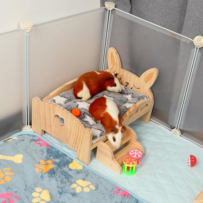 Rypet Wooden Guinea Pig Bed with Stairs and Mat Cozy Small Animals Cushion Bed Detachable Small Pet Hut Habitats for Guinea Pig Dwarf Rabbit Chinchillas Hamster Ferret